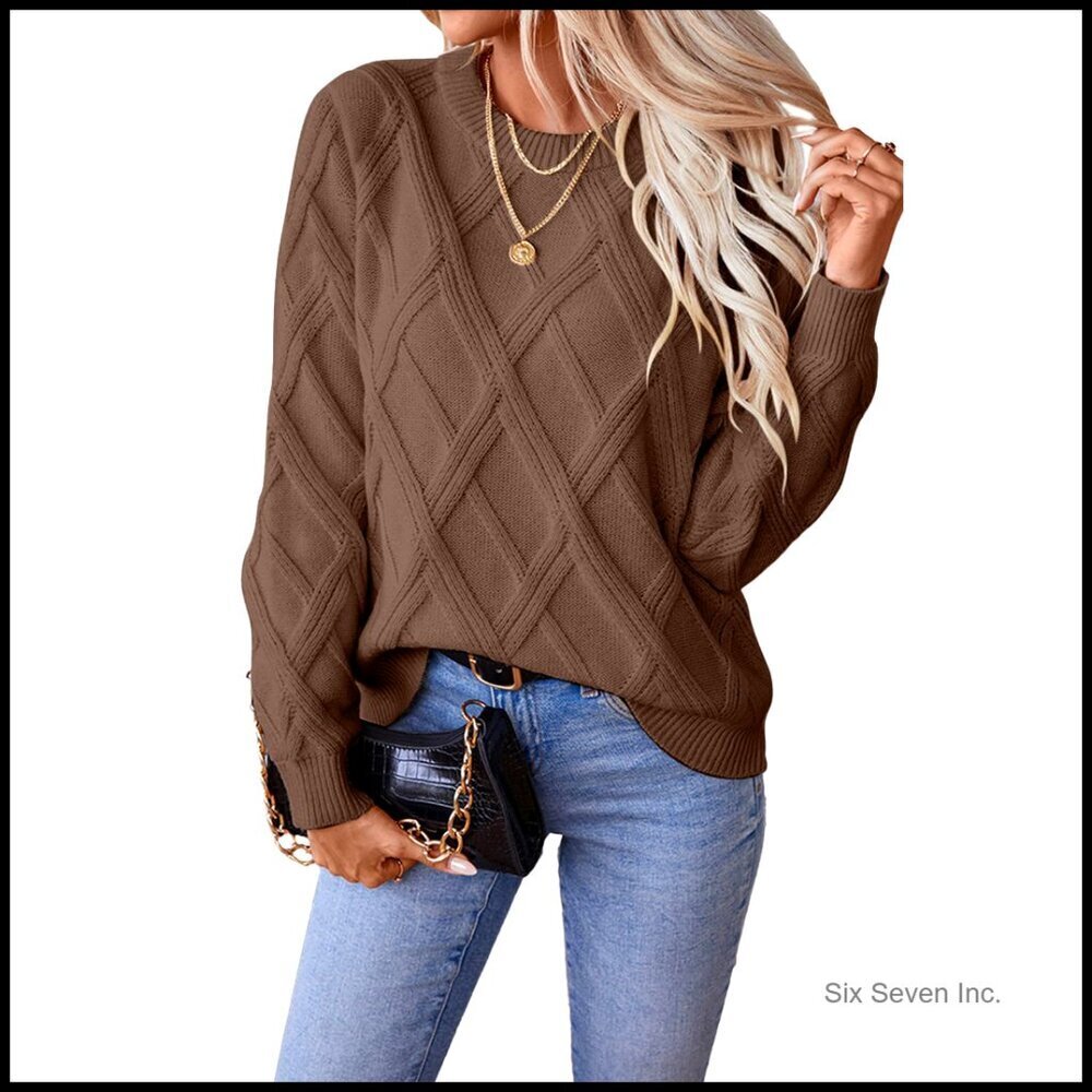 Cable Knit Crewneck Sweater Long Sleeve Pullover Lightweight Fall Winter Tops